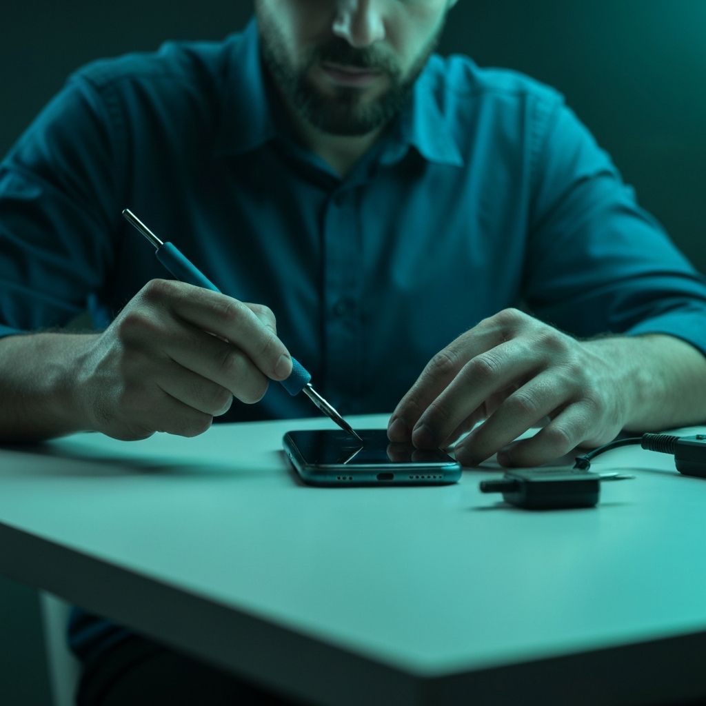 Profesjonalne odblokowanie FRP - technik pracujący nad smartfonem